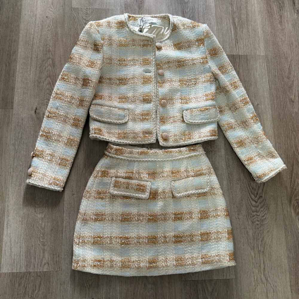 elliatt ashlyn white blue & gold long sleeve metallic tweed mini skirt set small - Picture 8 of 14